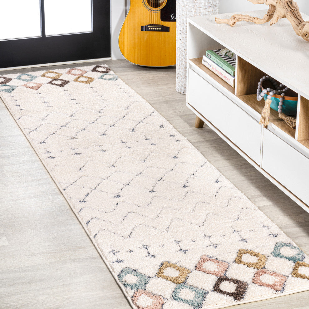 Pia Moroccan Trellis Plush Carved Multi/Cream 2'x8' Runner Rug