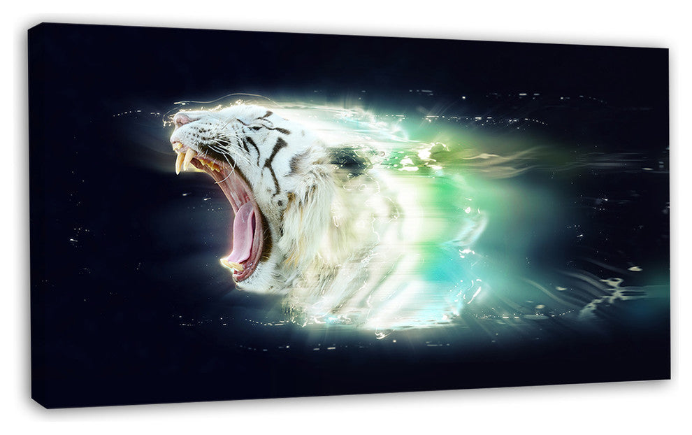 White Tiger with Open Jaws, Animal Canvas Wall Art, 32"x16"
