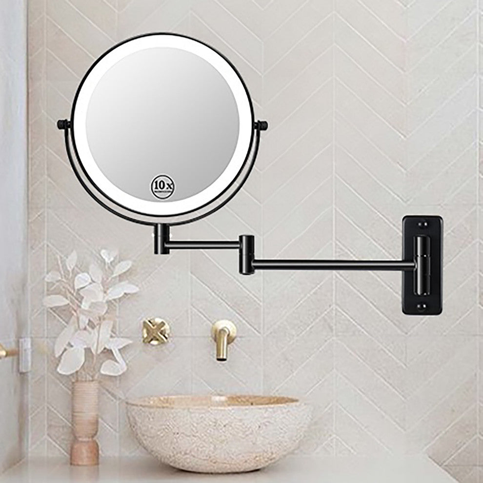 8 inch Double-Sided Framed Wall Mounted 10X LED Magnifying Bathroom Mirror, Black