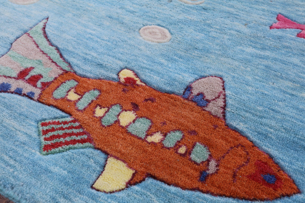 Gabbeh Fish Design Hand-Knotted Wool Rug 7' 11" X 10' 1" - Q13530