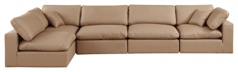 Comfy Upholstered L-Shaped Modular Sectional, Tan, 5-Piece: 3 Armless Chair, 2 Corner Chair, Vegan Leather