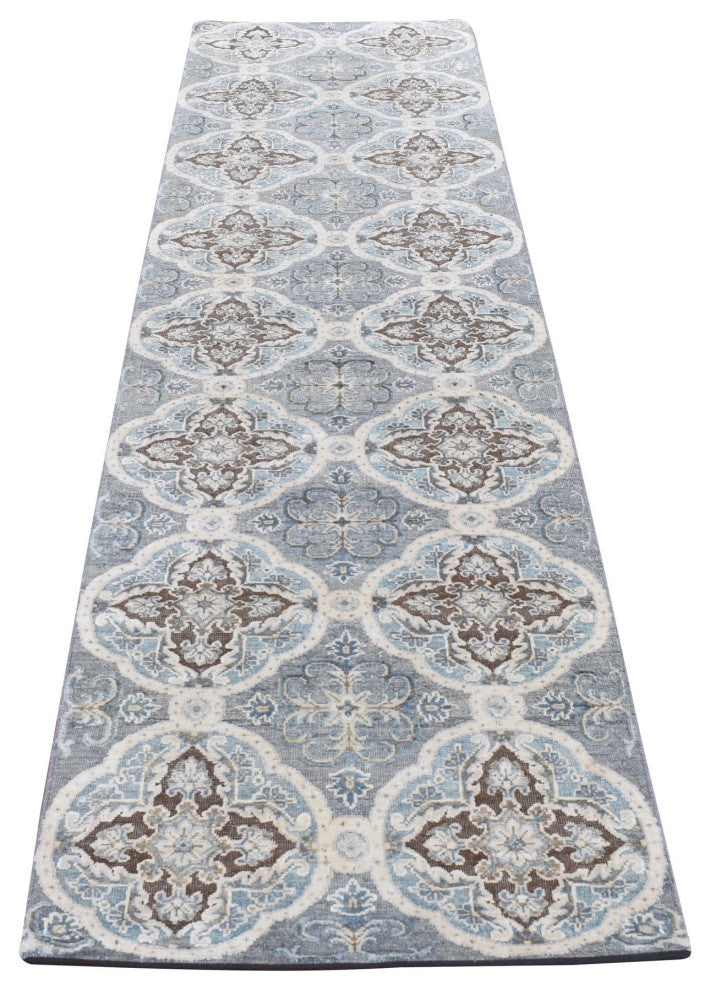 Gray Mughal Inspired Rosette Silk With Wool Hand Knotted Runner Rug 2'7"x9'10"