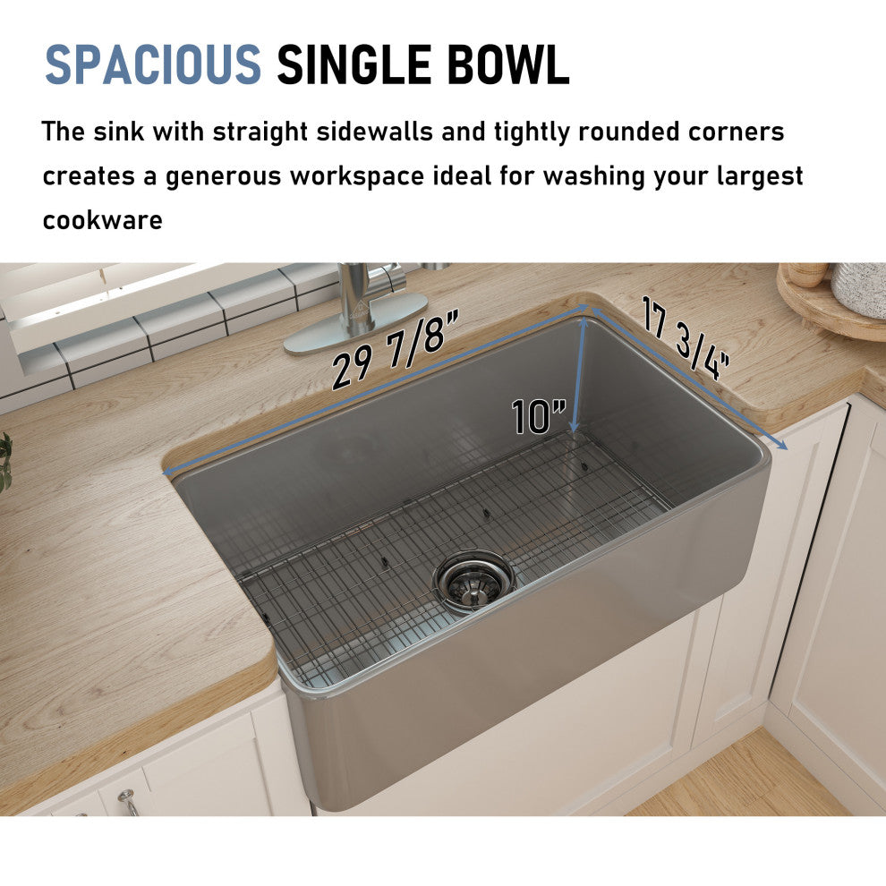 30in Single Bowl Farmhouse Apron Kitchen Sink with Bottom Grid and Strainers, 30