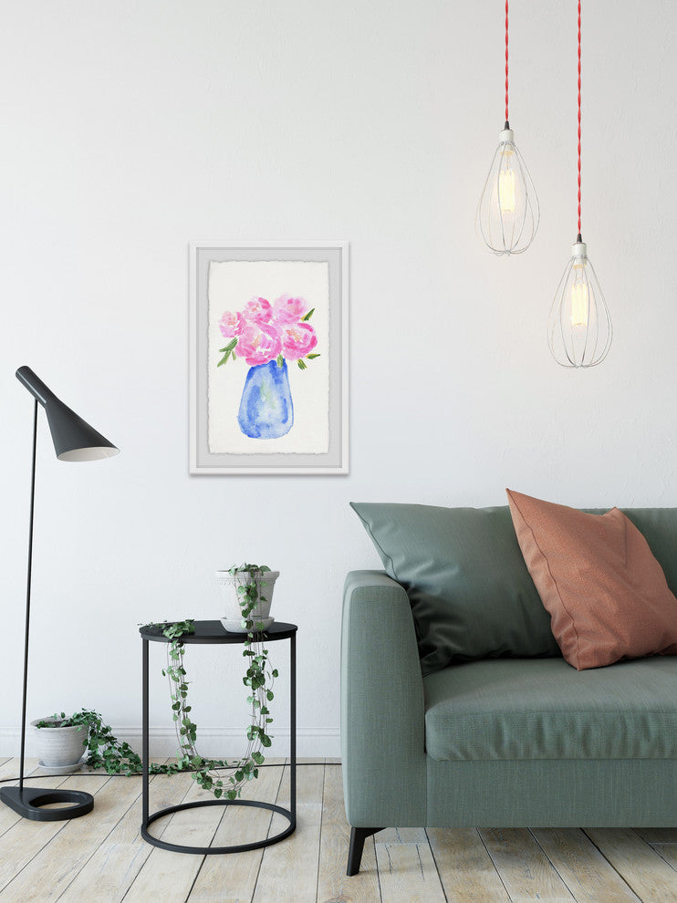 "Pink Flowers Blue Vase" Framed Painting Print, 12"x18"
