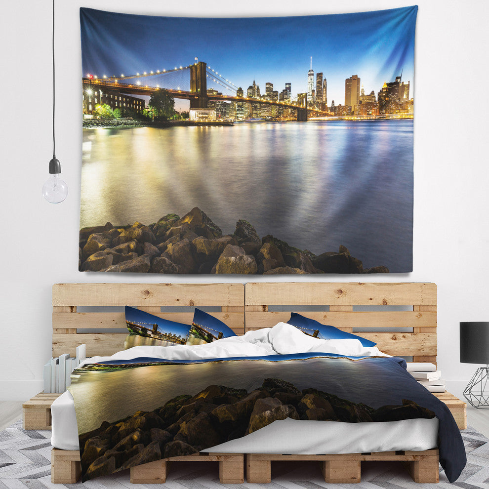 Distant View of Brooklyn Bridge Cityscape Wall Tapestry, 39"x32"