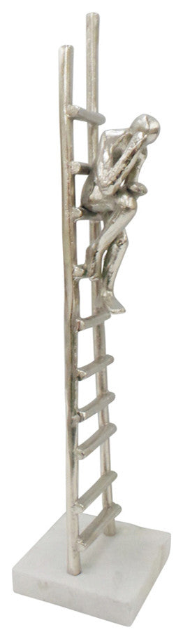 Man Sitting On Ladder Metal Figurine On Marble Base, Silver
