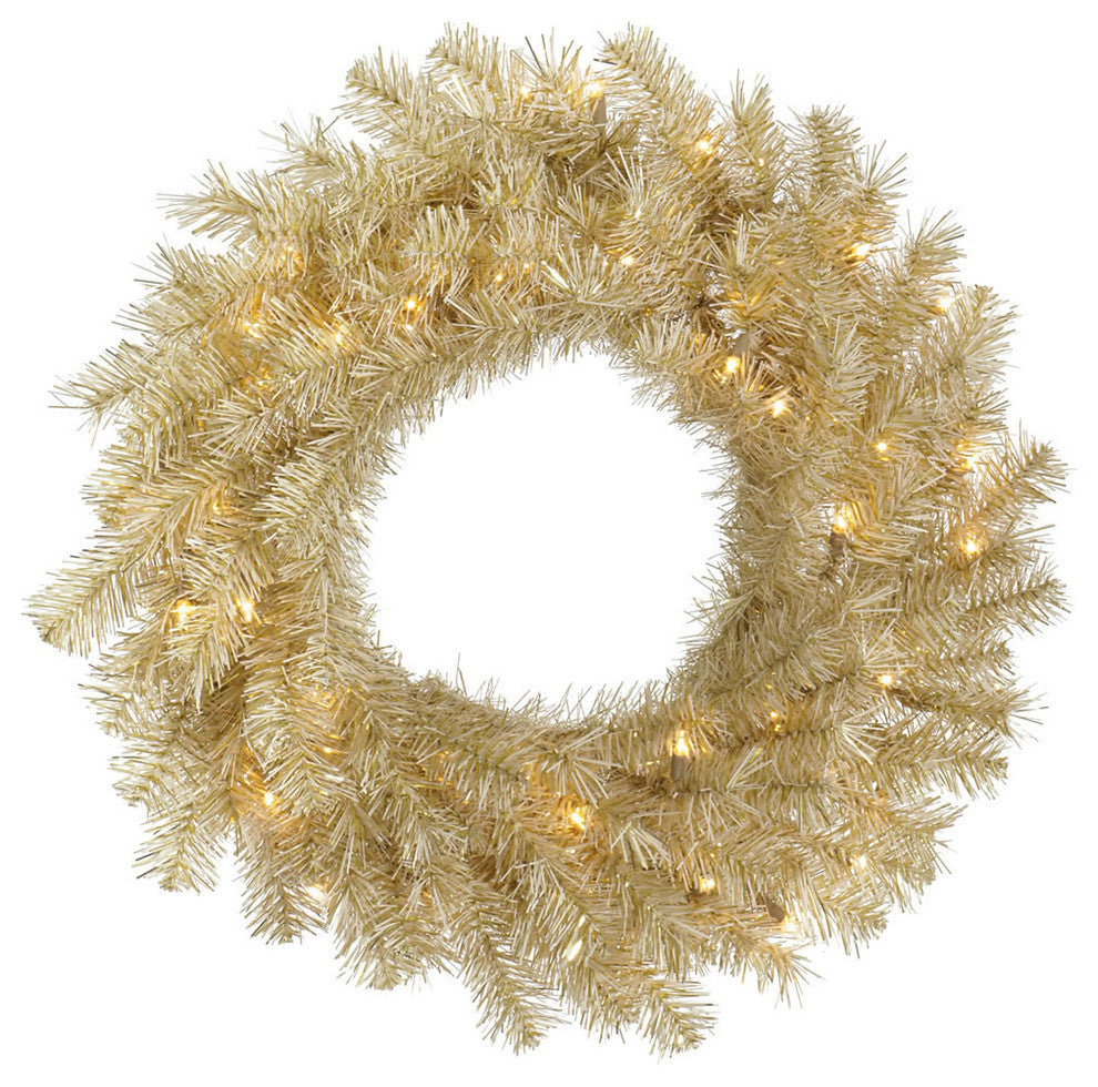 Vickerman White/Gold Tinsel Wreath, 50 Warm White LED, 24"