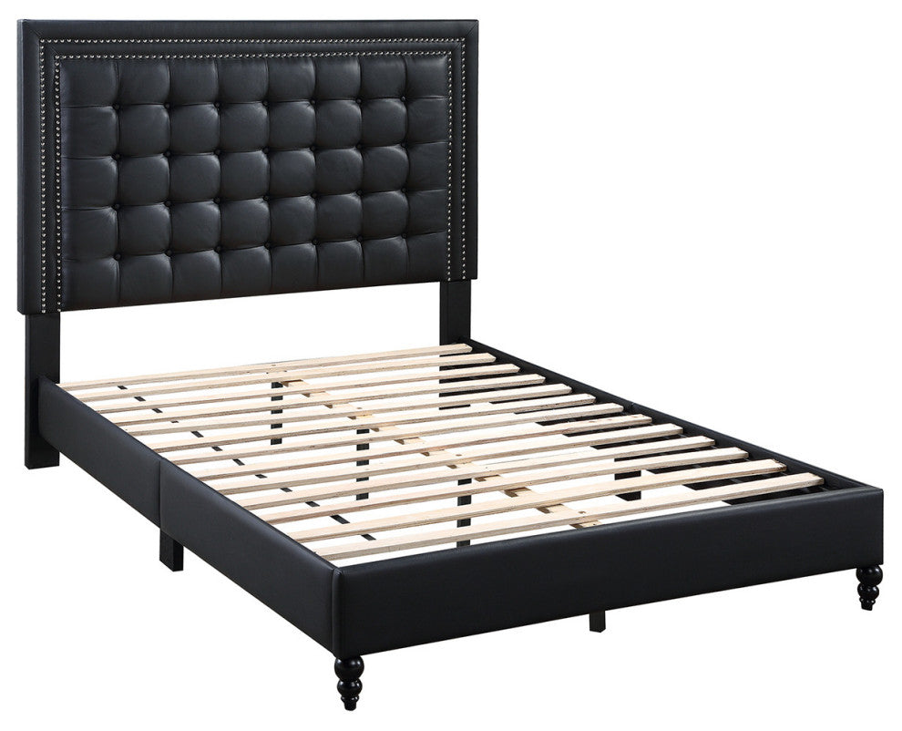 Faux Leather Upholstered Bed with Button Tufted Headboard, Black, Queen