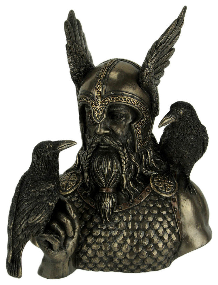 Norse God Odin in Winged Helm with Ravens Statue