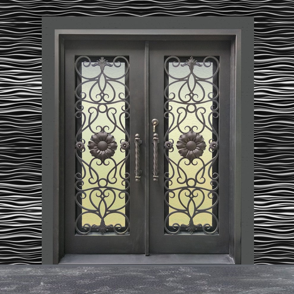 Square Top Sunflower Dual Door With Frame and Threshold 62"x81", Aged Bronze