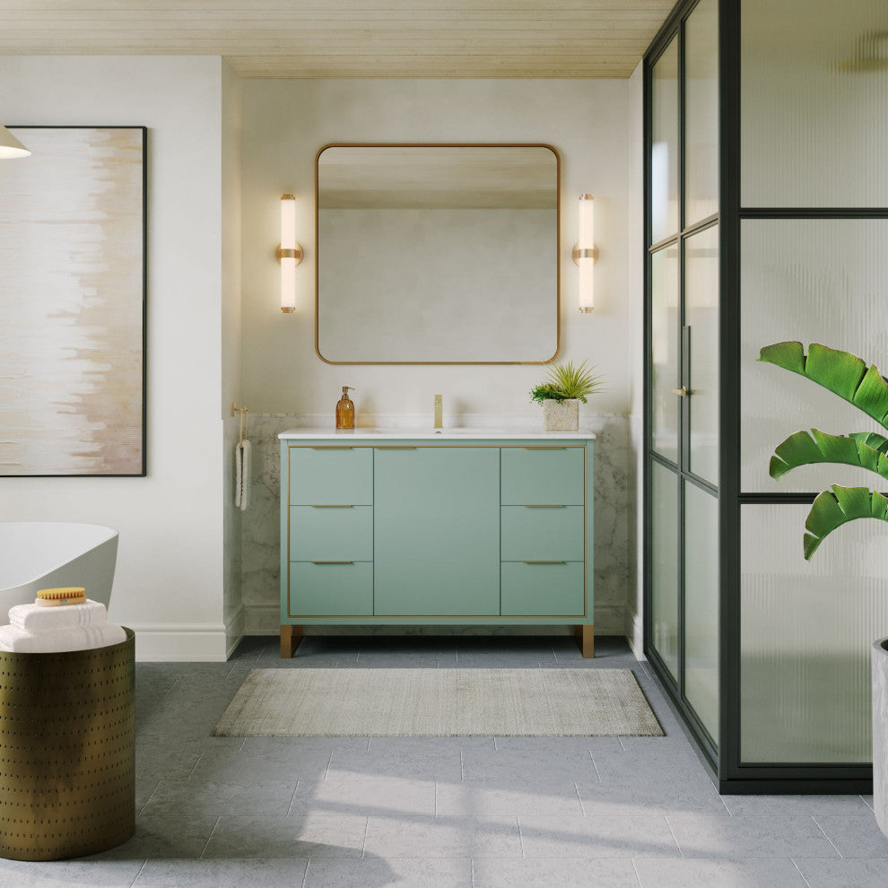 Bradford Bath Vanity, Green, 48", Satin Brass Hardware, Single Sink, Freestanding