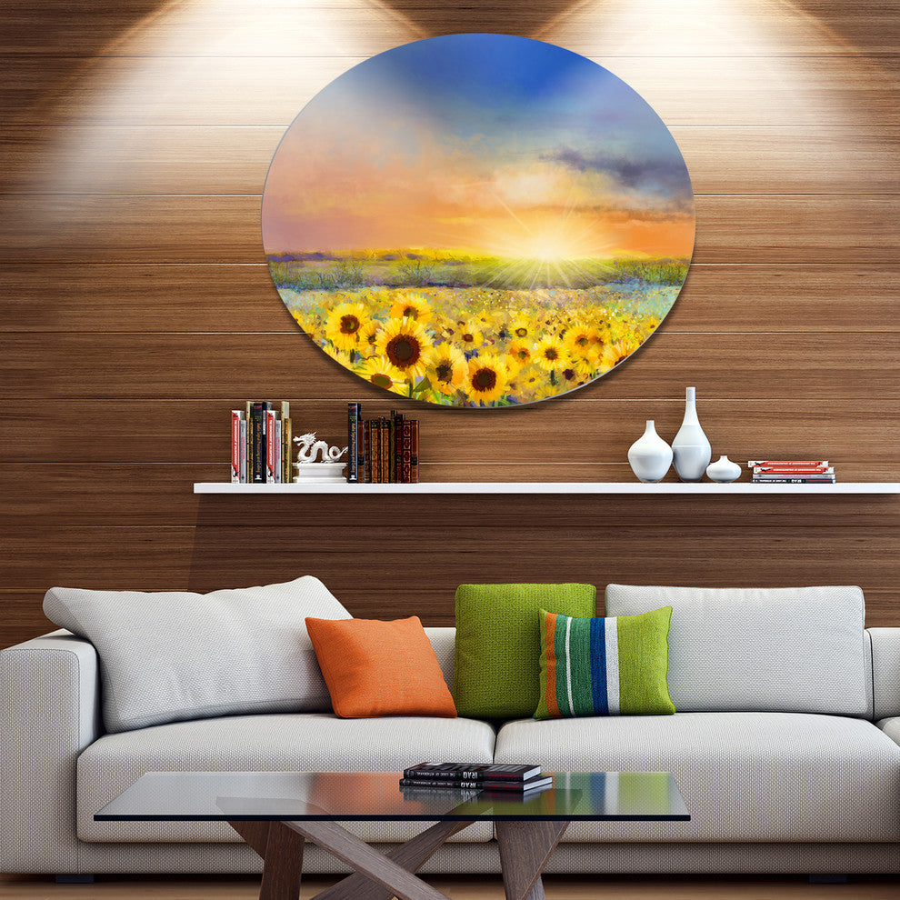 Sunset Over Golden Sunflower Field, Flower Round Metal Wall Art, 11"