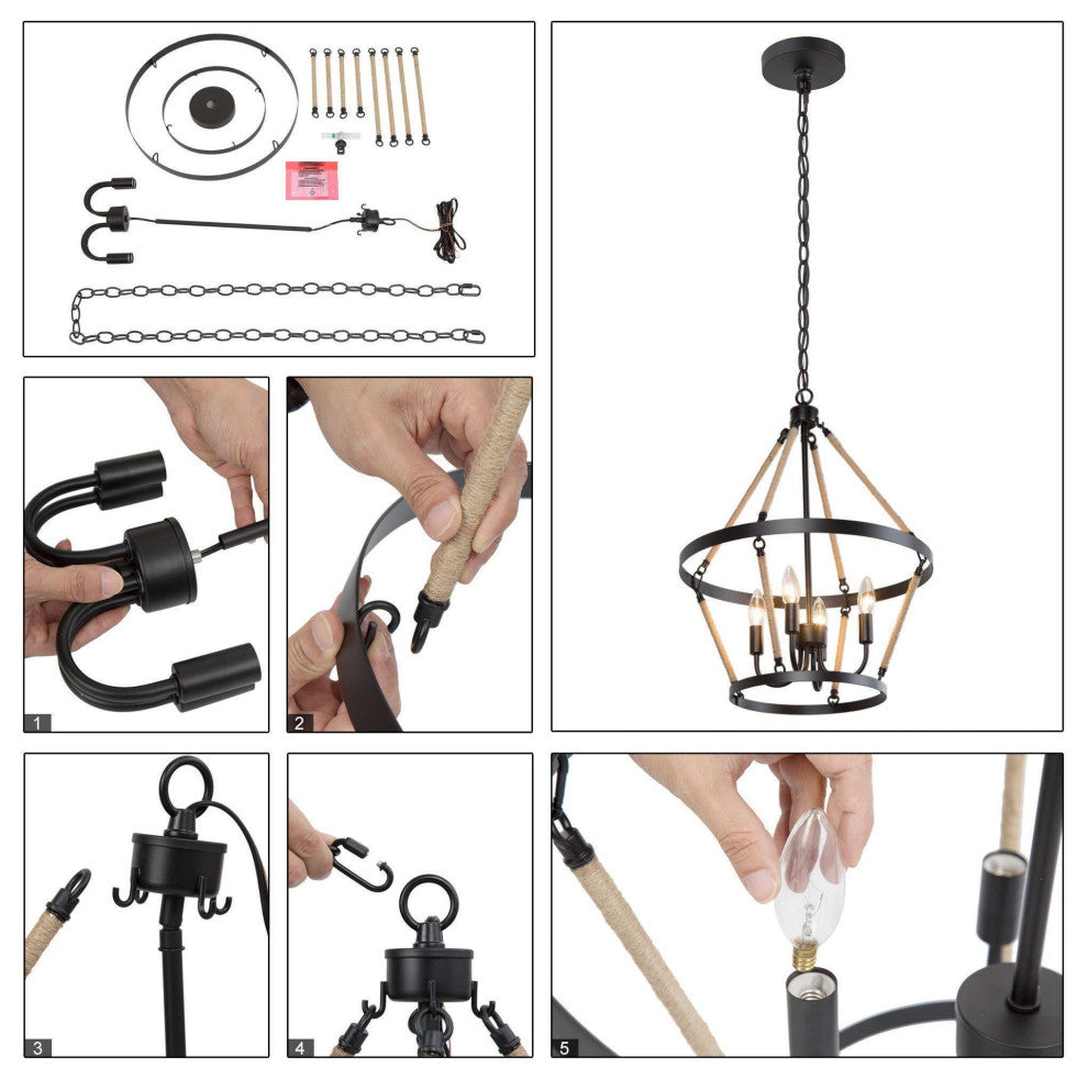 4-Lights Hemp Rope Tiered and Matte Black Modern/Farmhouse LED Chandelier