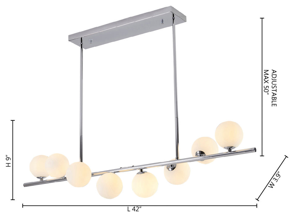 8-Light 42" Black Metal Chandelier With Glass Shades, Chrome