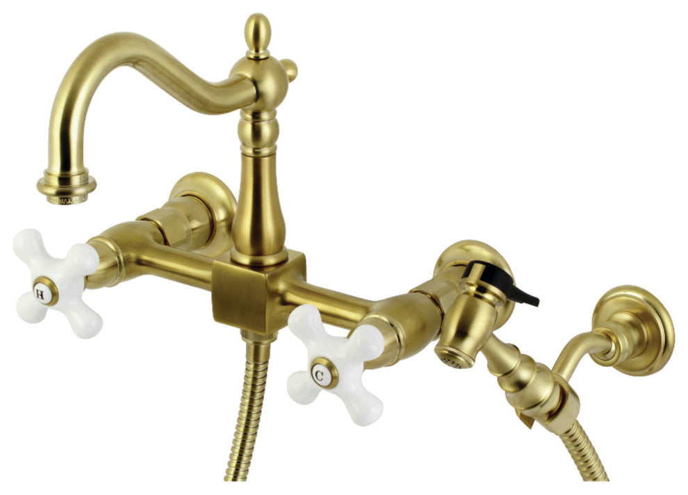 KS126XPXBS-P Heritage Wall Mount Bridge Kitchen Faucet with Brass Sprayer, Brush