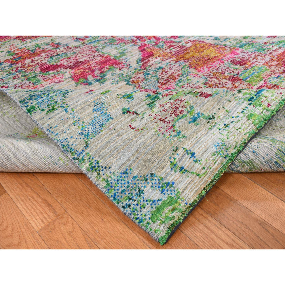 Cinereous Gray, Abstract Design, Silk With Wool, Hand Knotted Rug, 8'10"x12'2"