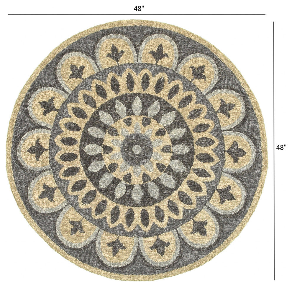 4' Round Gray Floral Bloom Area Rug