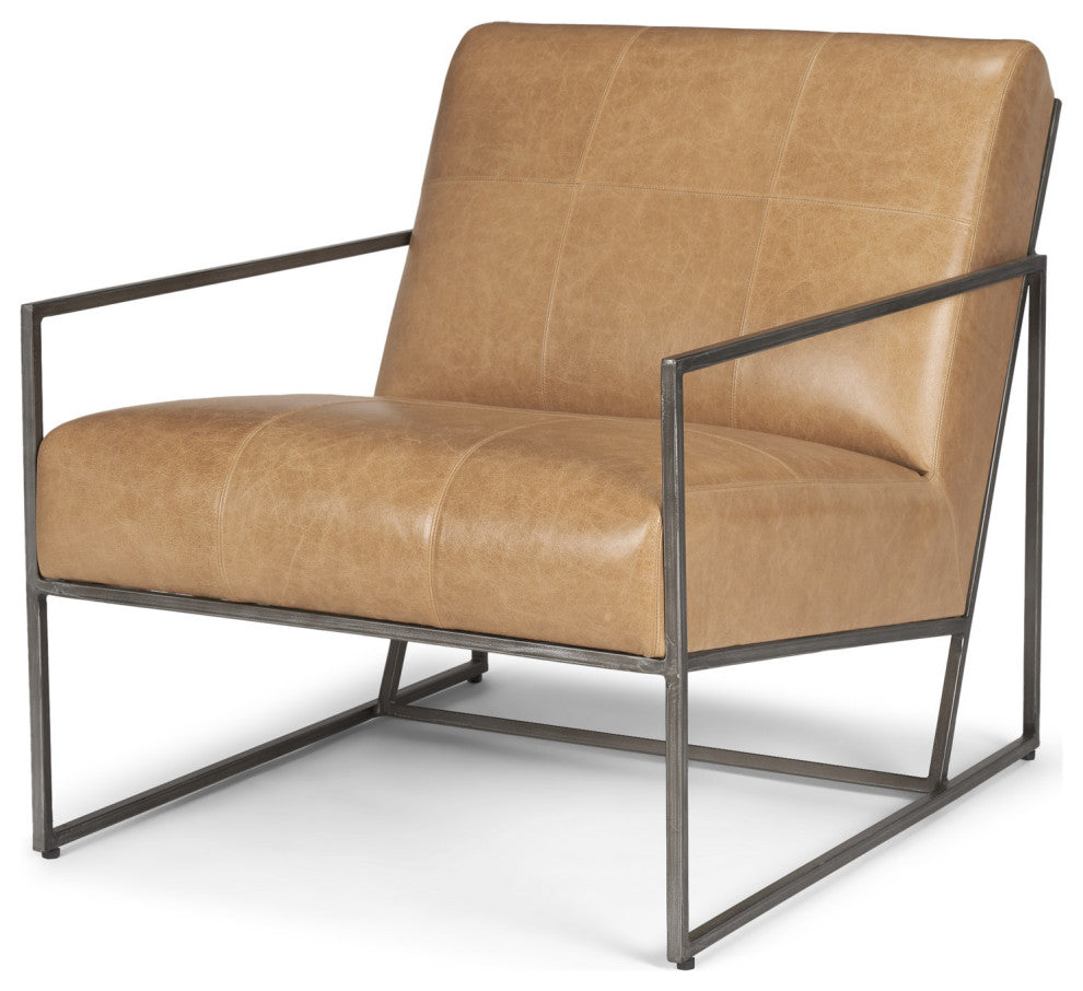 Stratton Gunmetal With Genuine Brown Leather Upholstered Accent Chair