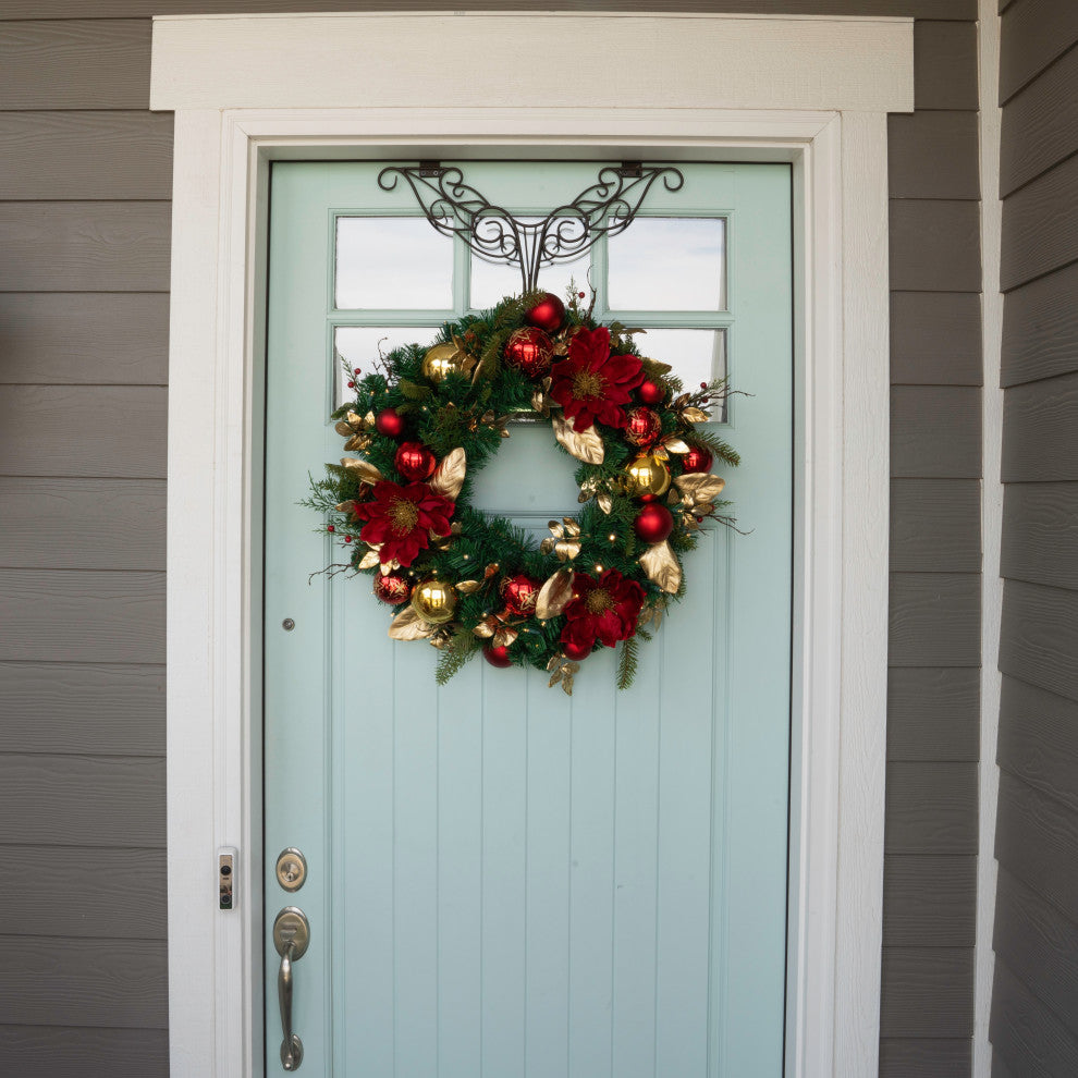 30" Lighted Christmas Wreath, Golden Leaf Red Magnolia