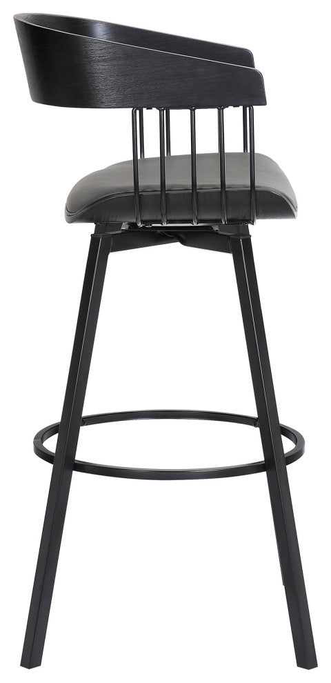 Athena 27" Swivel Black Wood Counter Stool in Gray Faux Leather with Black Metal, 31