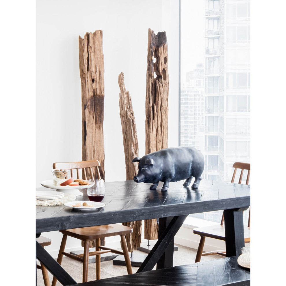 Industrial Hand Carved Teak Wood Panels On Black Marble Stand - Natural