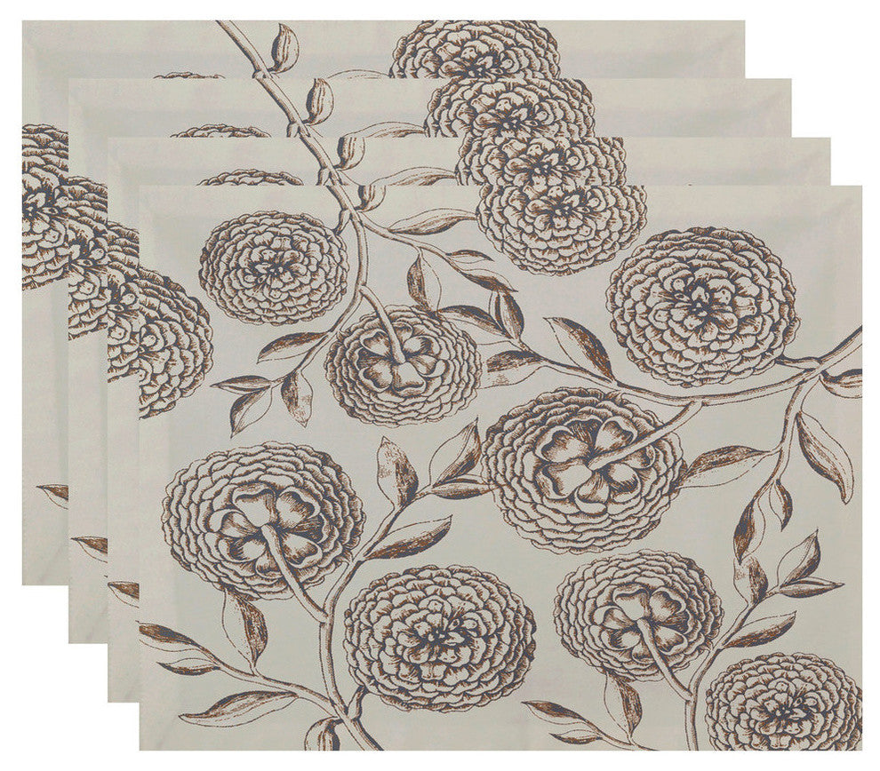 18"x14" Antique Flowers, Floral Print Placemat, Taupe, Set of 4
