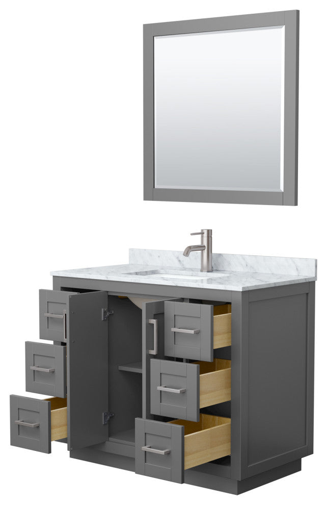 42"SGL Vanity Dark Gray, Carrara Countertop, Sink, Nickel Trim, 34"Mirror