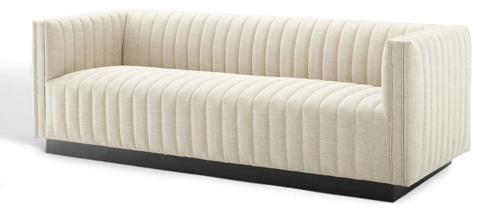 Tufted Sofa, Fabric, Beige, Modern, Living Lounge Room Hotel Lobby Hospitality