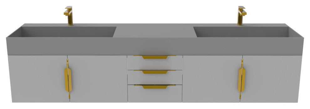 CastelloUSA Amazon 84" Wall Mounted Vanity Set, Gray, Gray Top, Gold Handles