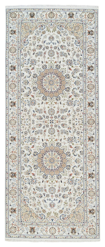Ivory, Nain, 250 KPSI Wool and Silk Hand Knotted Wide Runner Rug, 4'2" x 10'1"