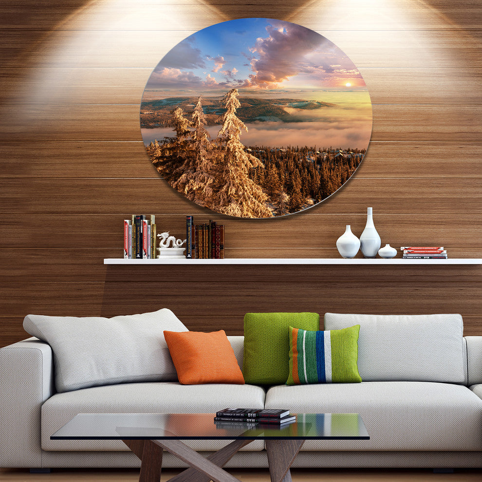 Beautiful Jungle With Fog At Sunset, Landscape Disc Metal Wall Art, 36"