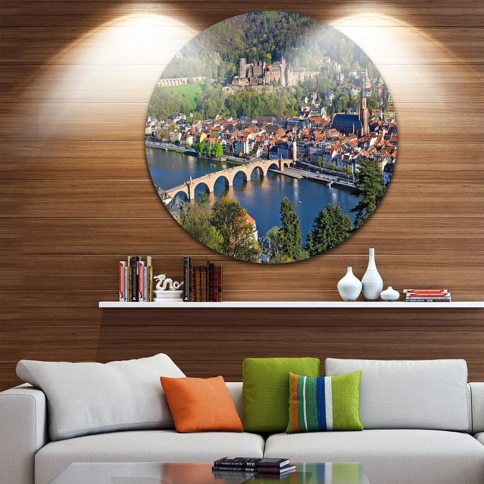 Neckar River And Heidelberg, Cityscape Photo Disc Metal Wall Art, 38"