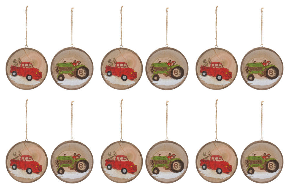 Wood Farm Tree Disc Ornament, Set of 12
