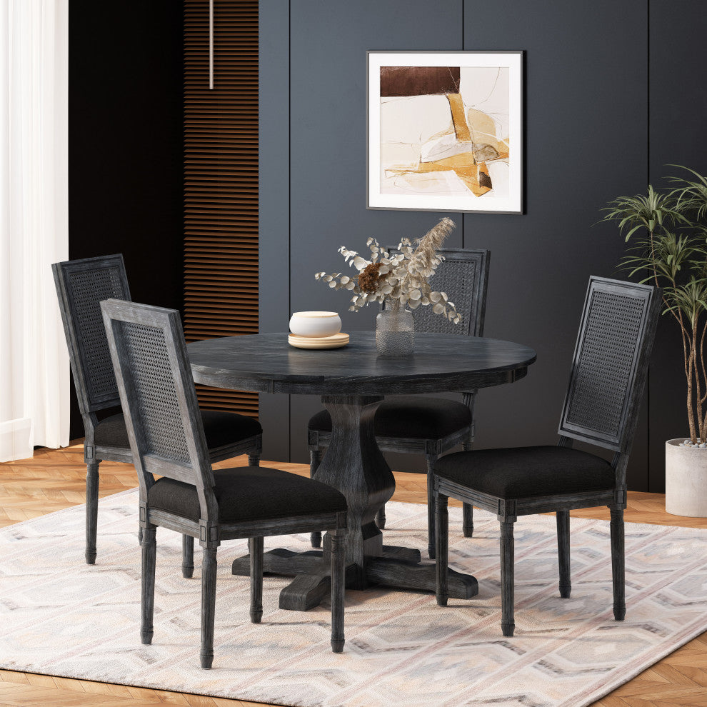 Merlene French Country Upholstered Wood and Cane 5-Piece Circular Dining Set, Gray/Black