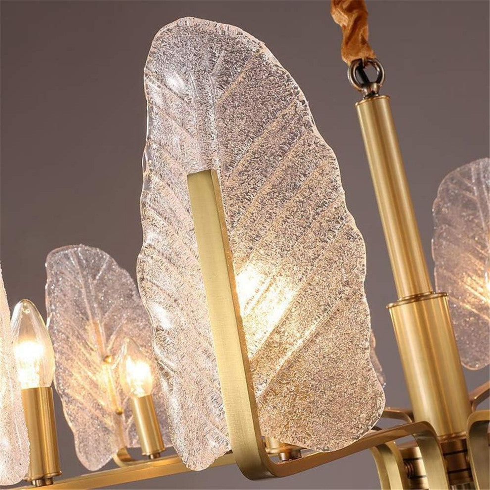 Lyss | Luxury Brass Chandelier with Leaves of Frosted Glass for Living Room, 8 Lights