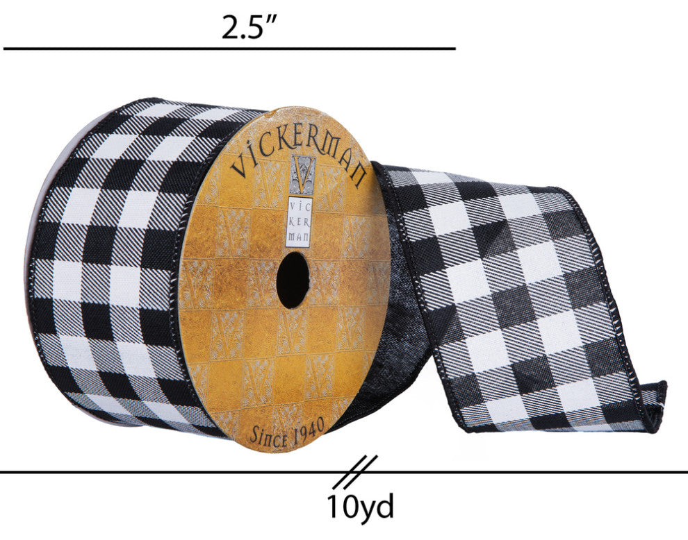 Vickerman Q201308 2.5"X10 Yard Black And White Checker Plaid Christmas Ribbon