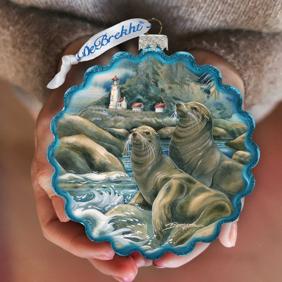 Lions of the Sea Lighthouse Caves Wreath Glass Ornament