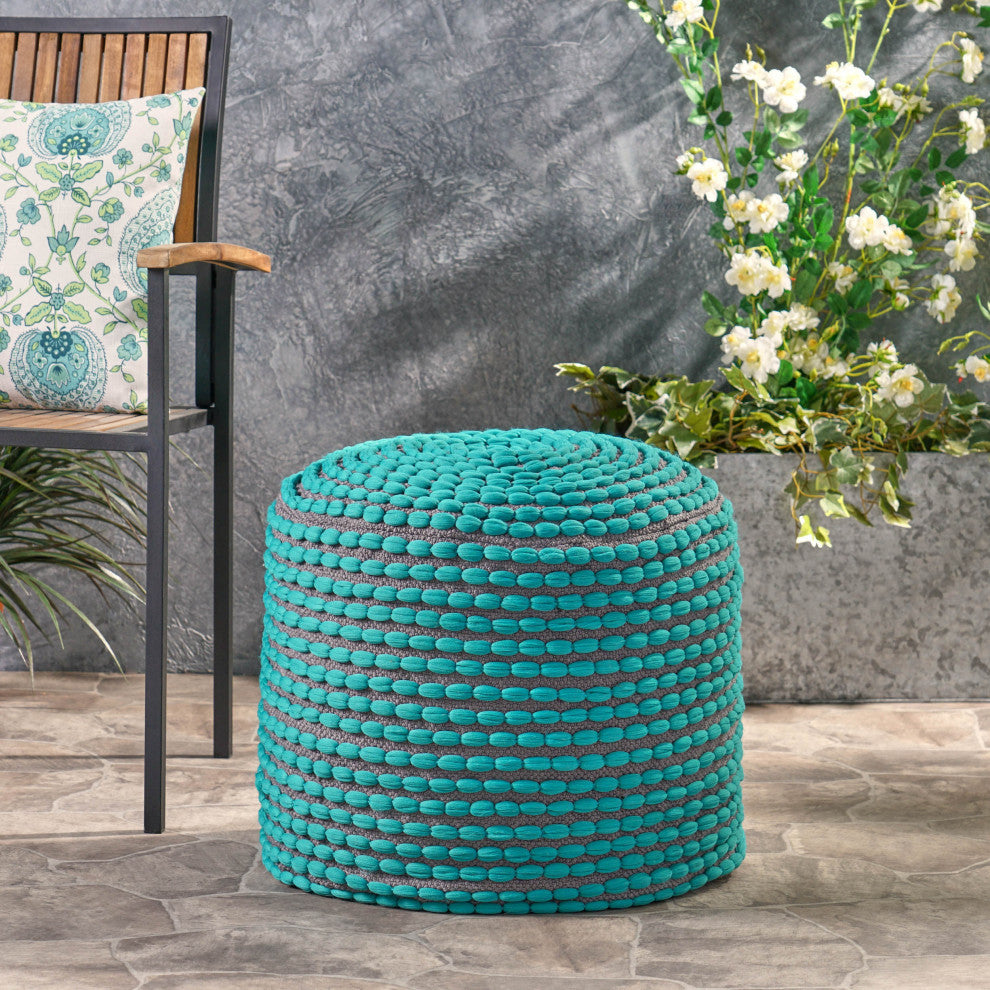 GDF Studio Collier Outdoor Handcrafted Cylinder Pouf Ottoman, Turquoise