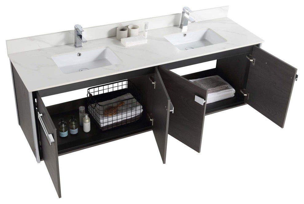 Oakville Wall Mount Bathroom Vanity, Black Coal Oak, 72", Chrome Hardware
