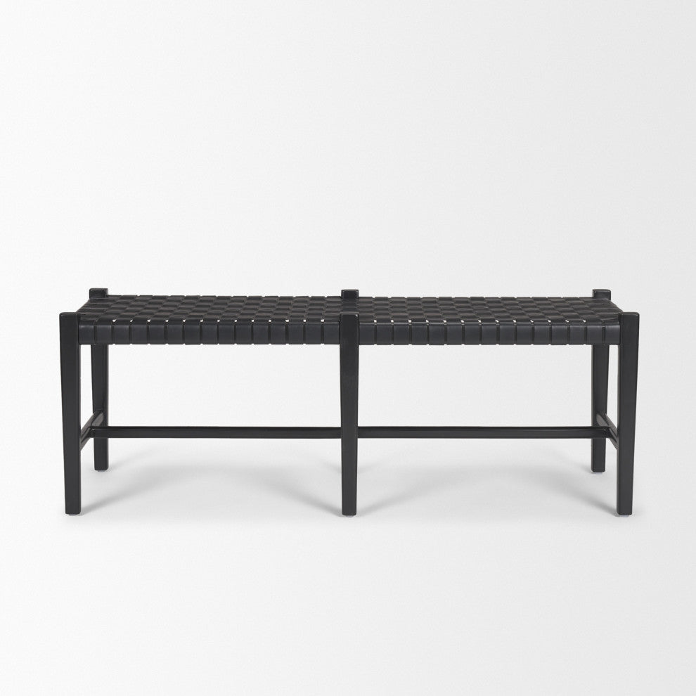 Shane Black Wood With Woven Black Leather Bench