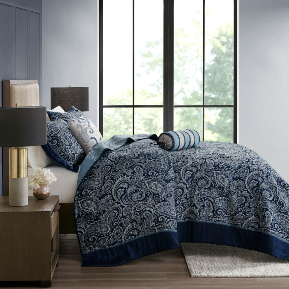 Madison Park Aubrey 5 Piece Reversible Jacquard Bedspread Set, Navy