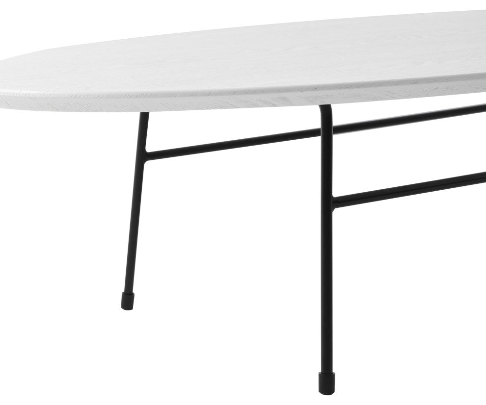 LeisureMod Rossmore Oval Coffee Table with Black Steel Frame, White