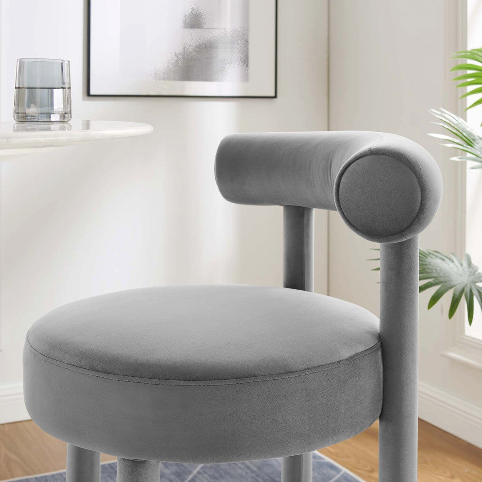Toulouse Performance Velvet Bar Stool, Curved Round Bolster Kitchen Stool, Grey