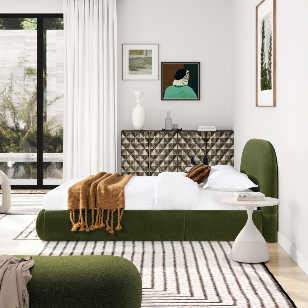 Archie Mid-Century Modern Arched Headboard Platform Bed, Olive Green Performance Velvet, Queen