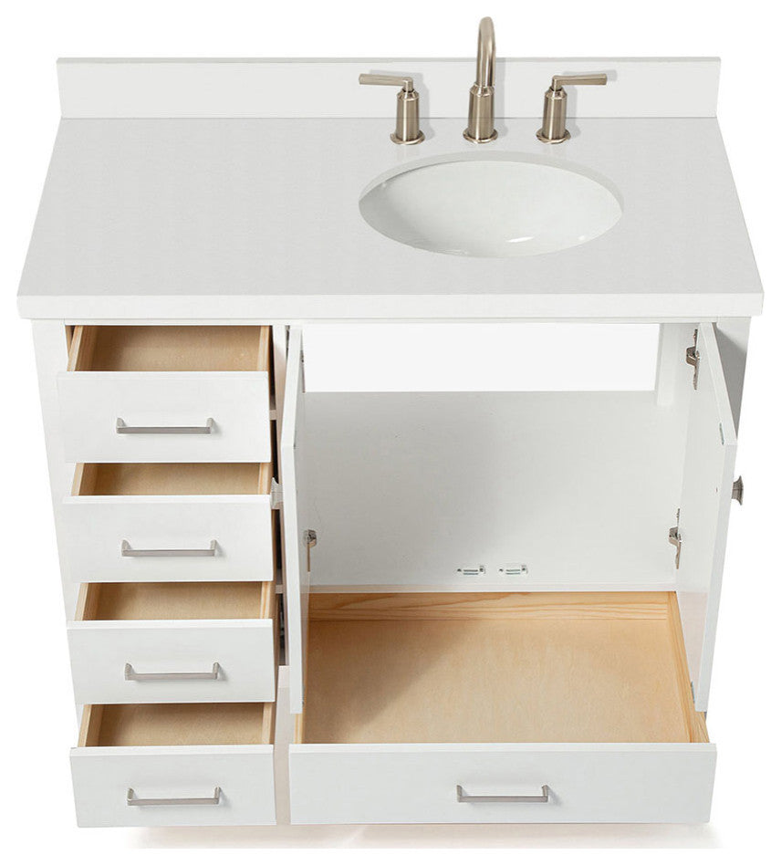 ARIEL Cambridge 43" Right Offset Oval Sink Bathroom Vanity White With Quartz Top