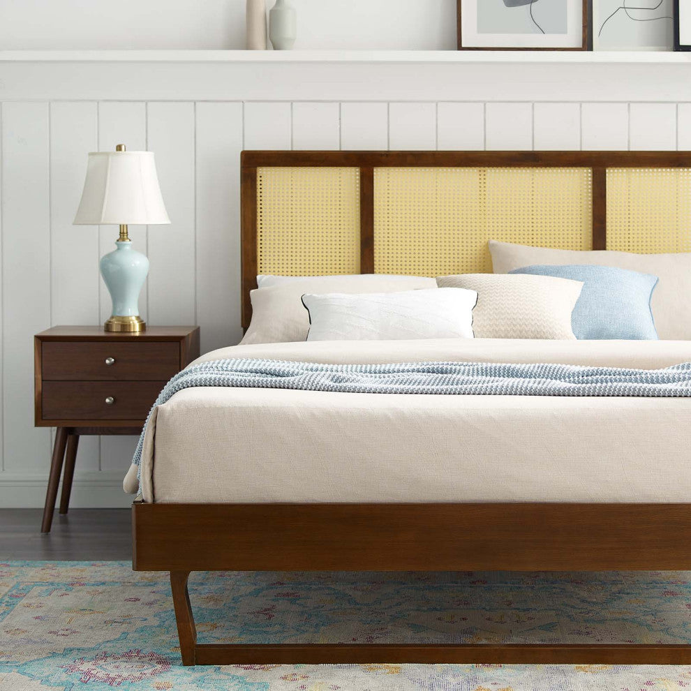 Kelsea Cane and Wood King Platform Bed With Angular Legs Walnut