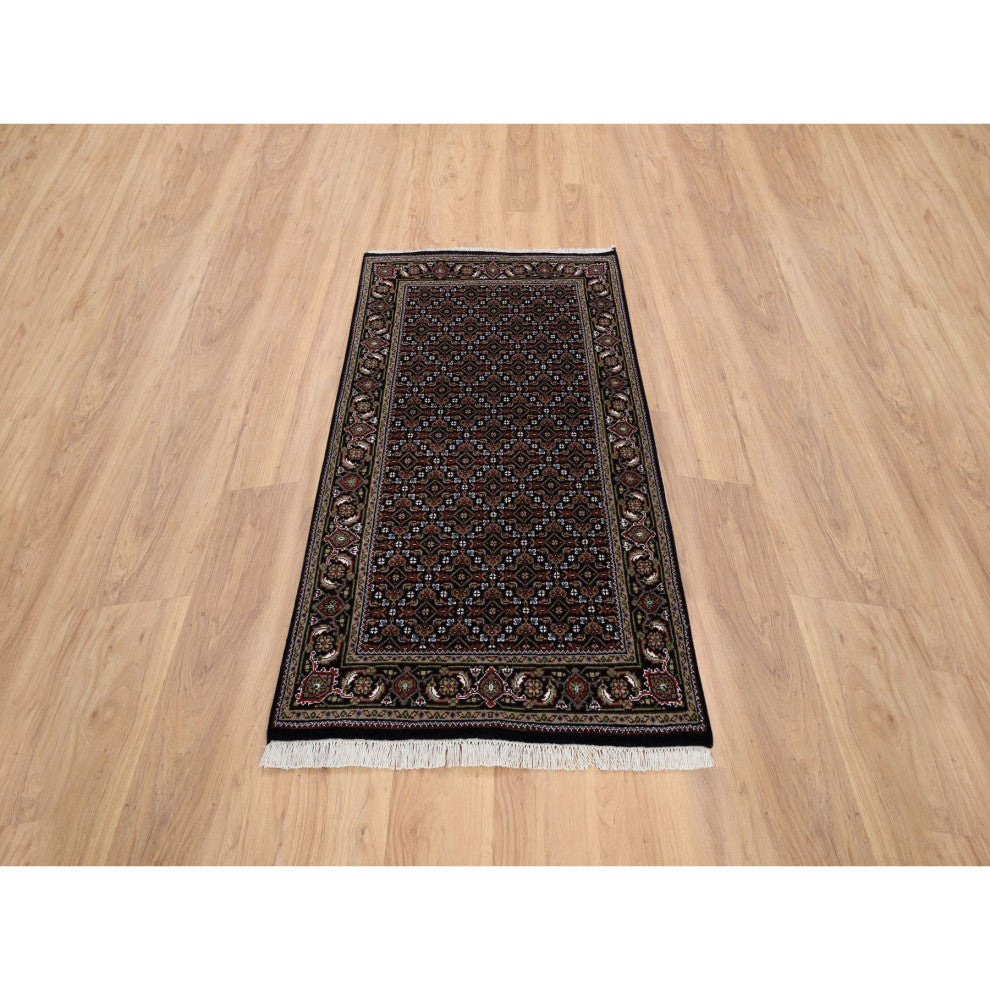 Black Hand Knotted Wool and Silk Herati 175 KPSI Oriental Rug, 3'0"x5'2"