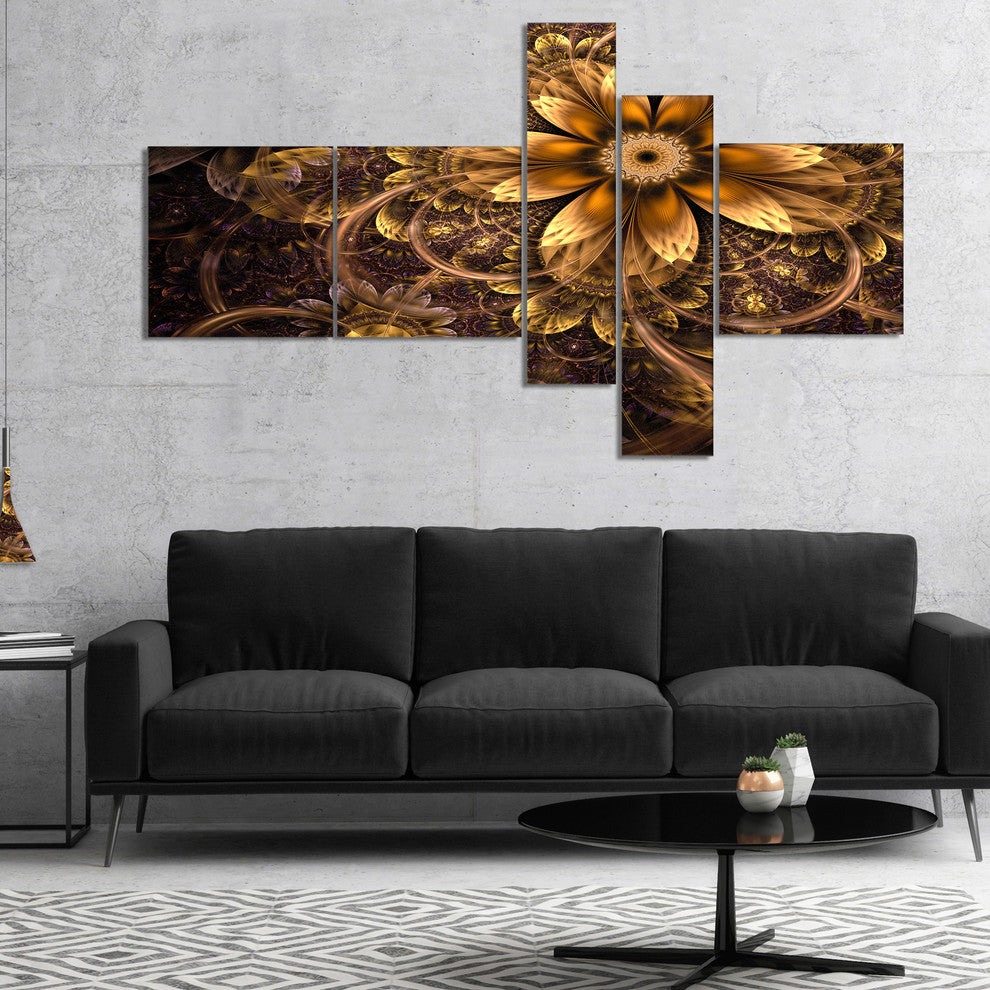 Fractal Dark Yellow Flower, Floral Art Canvas Print, 60"x32", 5 panels