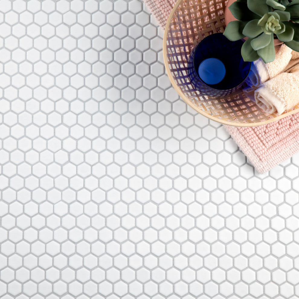Colmena Hex Porcelain Floor and Wall Mosaic Tile, Matte White