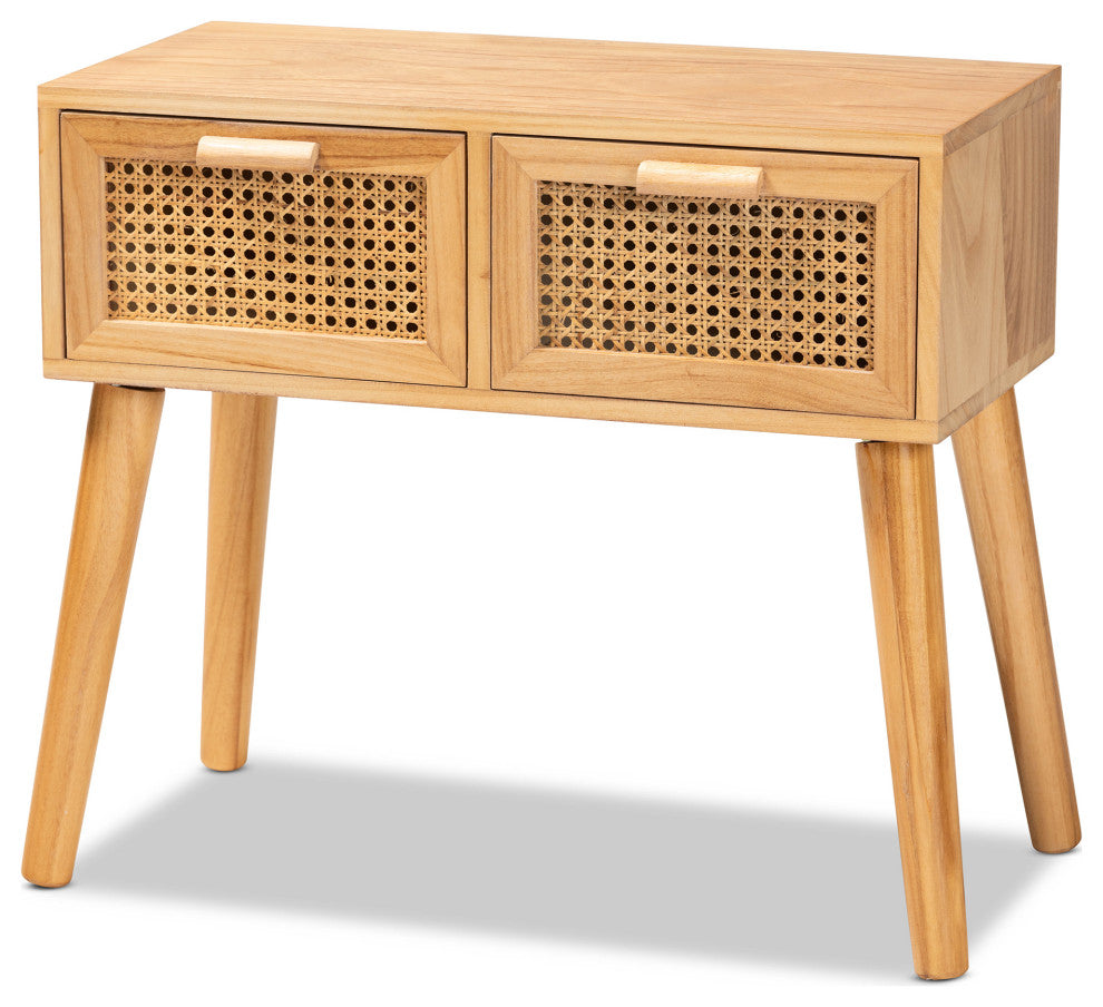 Saffi Mid-Century Oak Brown Wood 2-Drawer Console Table With Rattan